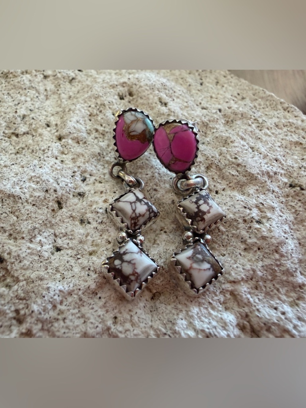 ❤️ Wild Horse Jasper & Cotton Candy Turquoise Post Back Dangle Sterling Earrings - Picture 6 of 15